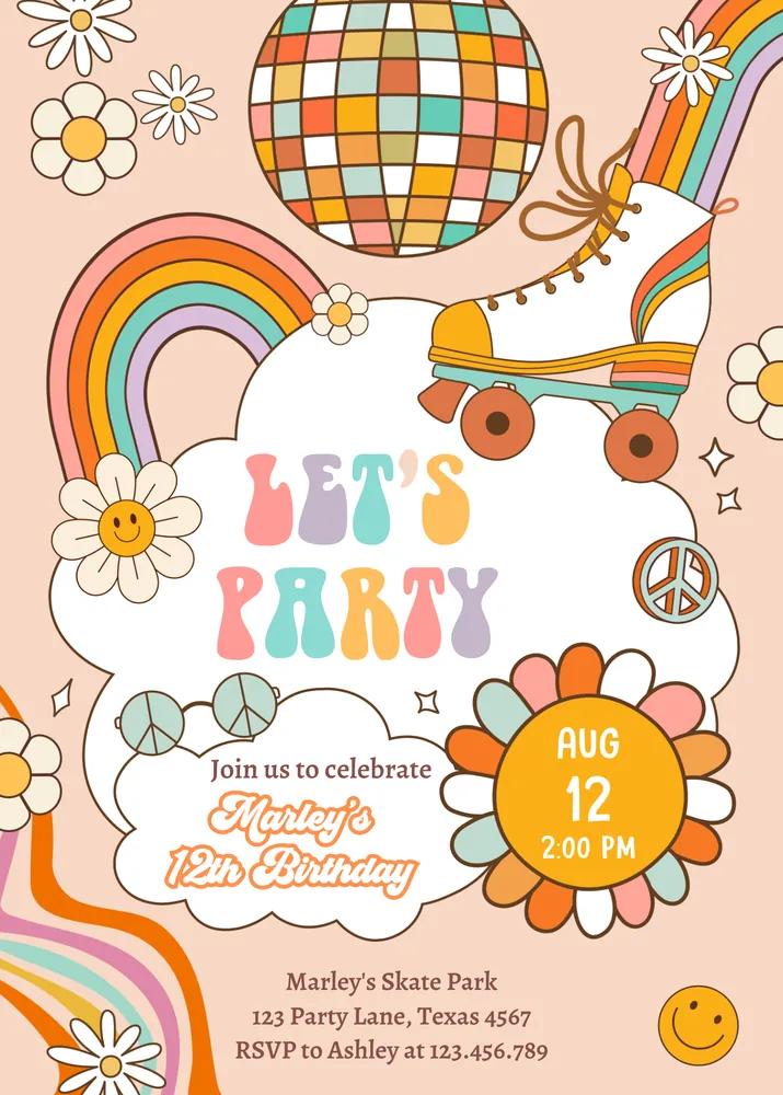 Groovy Boho Birthday Invitation - Editable Canva Template Retro 70s Flower Power