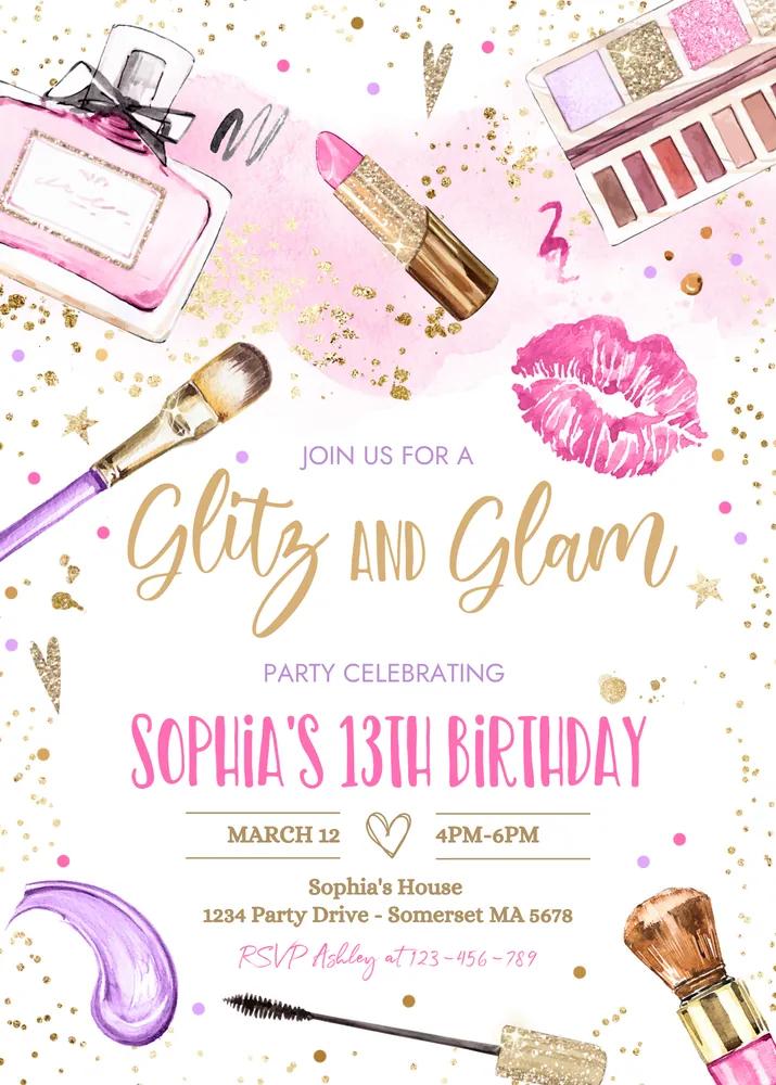 Glitz and Glam Spa Birthday Invitation Pink Gold Canva Template