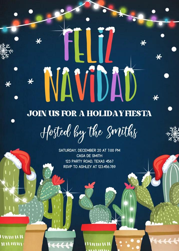 Feliz Navidad Cactus Christmas Party Invitation Canva Template Mexican Fiesta