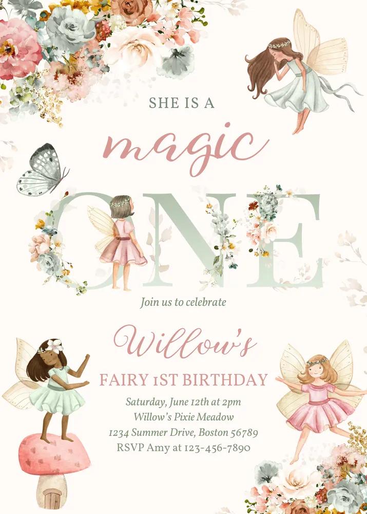 Fairy Magic 1st Birthday Invitation, Whimsical Wildflower Canva Template