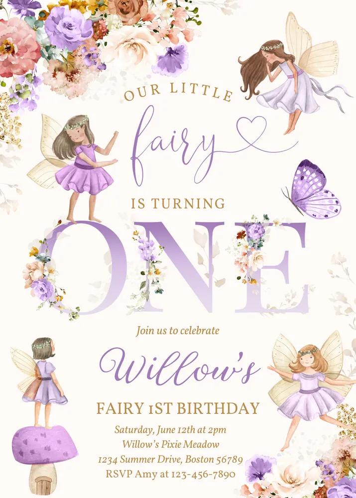 Whimsical Wildflower Fairy 1st Birthday Invitation | Editable Canva Template