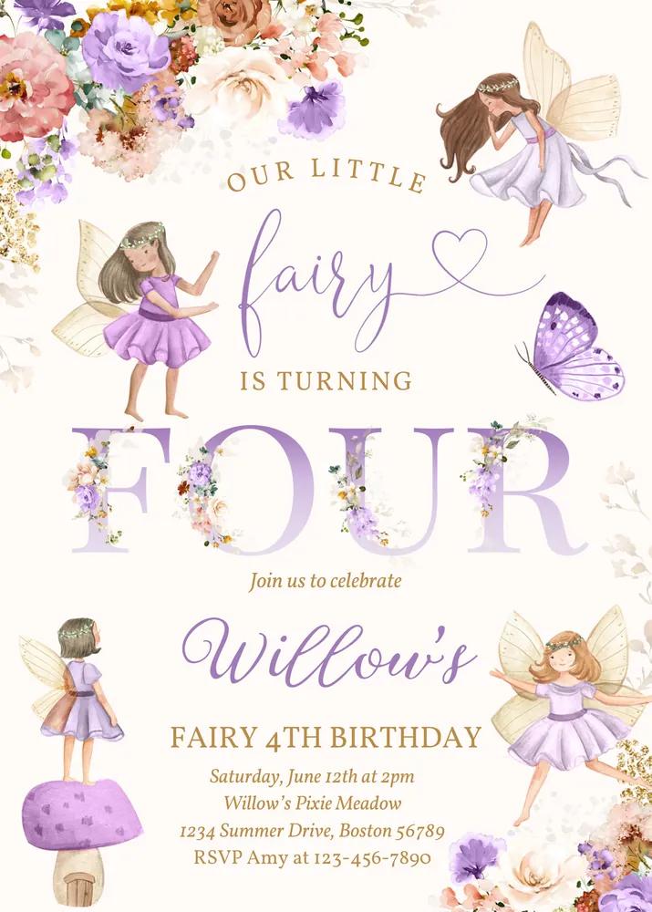 Fairy Birthday Invitation Canva Template Whimsical Violet Floral 4th Birthday