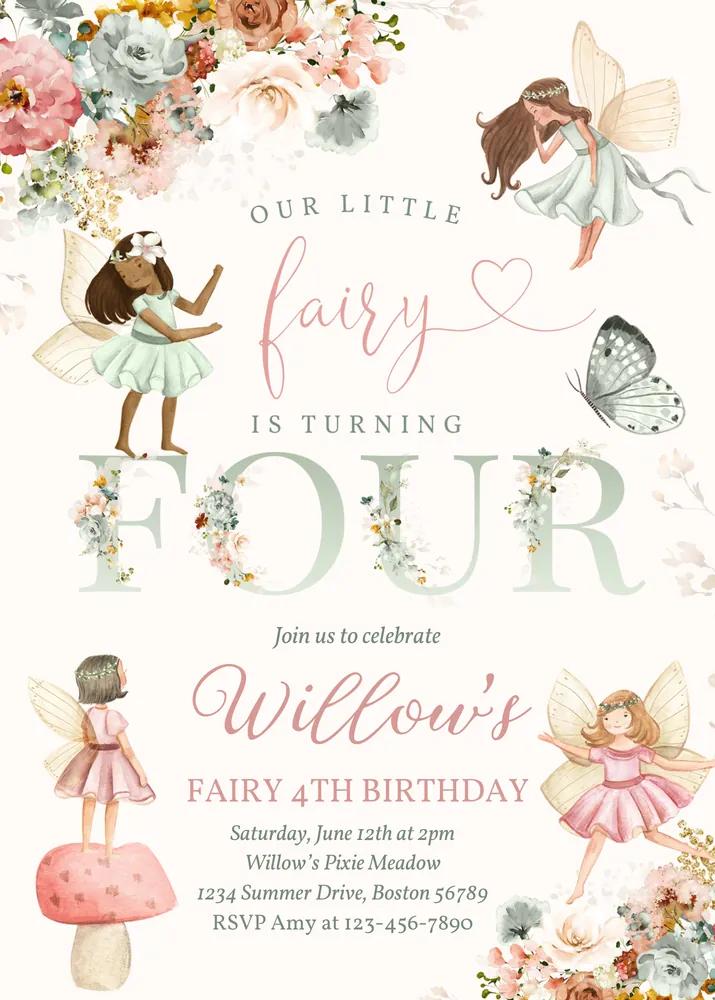 Whimsical Wildflower Fairy 4th Birthday Invitation Canva Template