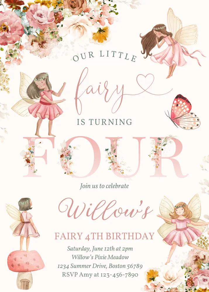 Fairy Birthday Invitation Canva Template Whimsical Wildflower 4th Birthday Decor