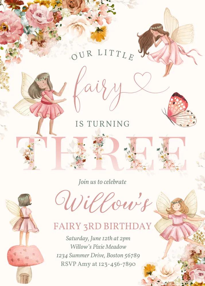 Fairy 3rd Birthday Invitation, Whimsical Wildflower Canva Template, Floral Garden