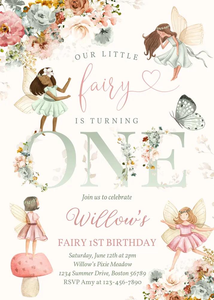 Fairy Birthday Party Invitation Canva Template | Whimsical Girl 1st Birthday