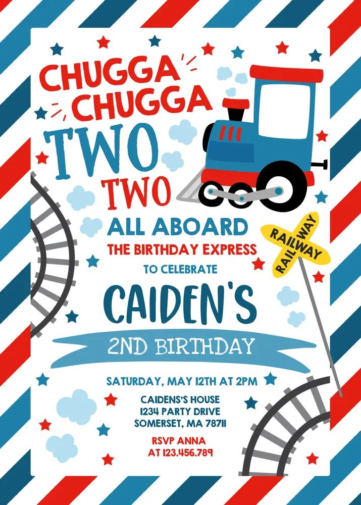 Two Two Train Birthday Invitation | Editable Chugga Chugga Party Canva Template