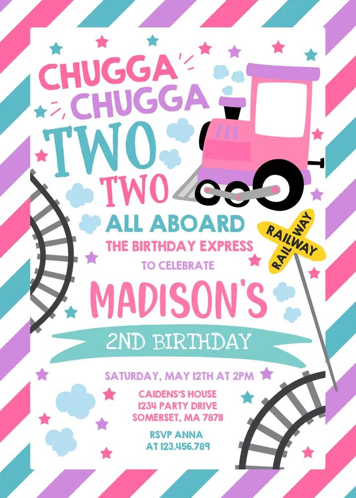 Chugga Chugga Two Two Train Birthday Invitation Canva Template