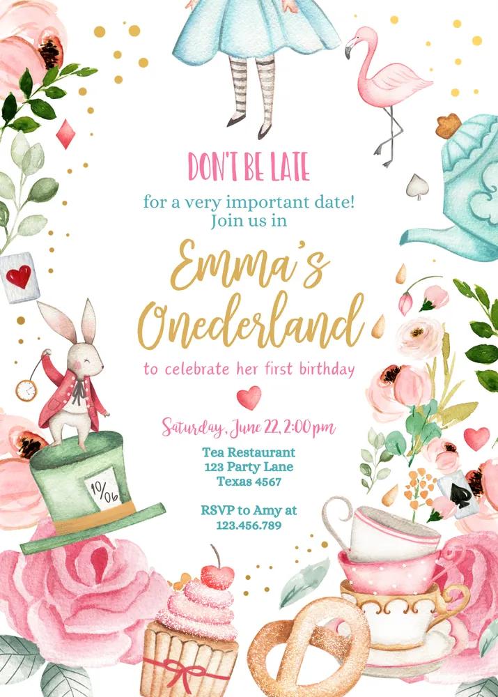 Alice in Wonderland 1st Birthday Invitation | Girl Onederland Tea Party Template