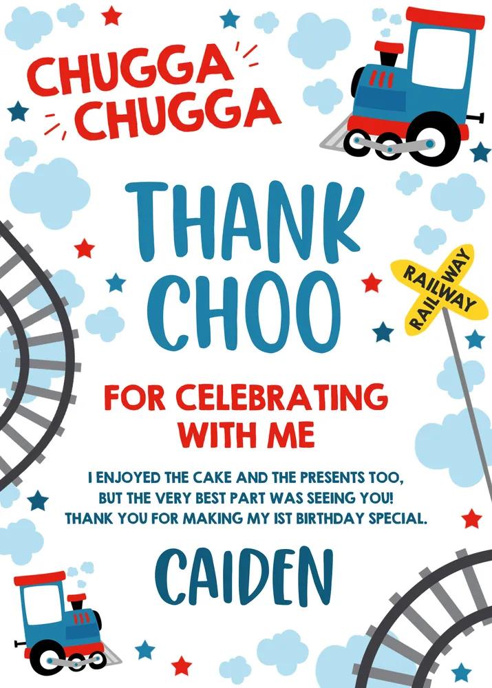 Editable Choo Choo Train Birthday Thank You Card - Canva Instant Download