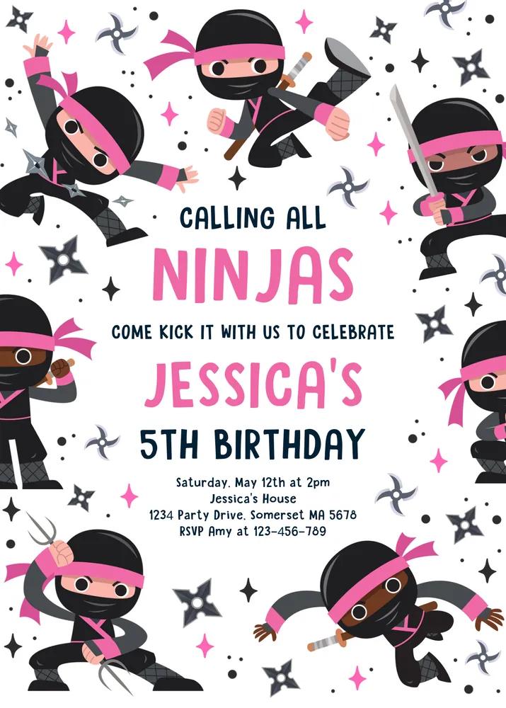 Girl Ninja Birthday Party Invitation Pink Karate Warrior Canva Template