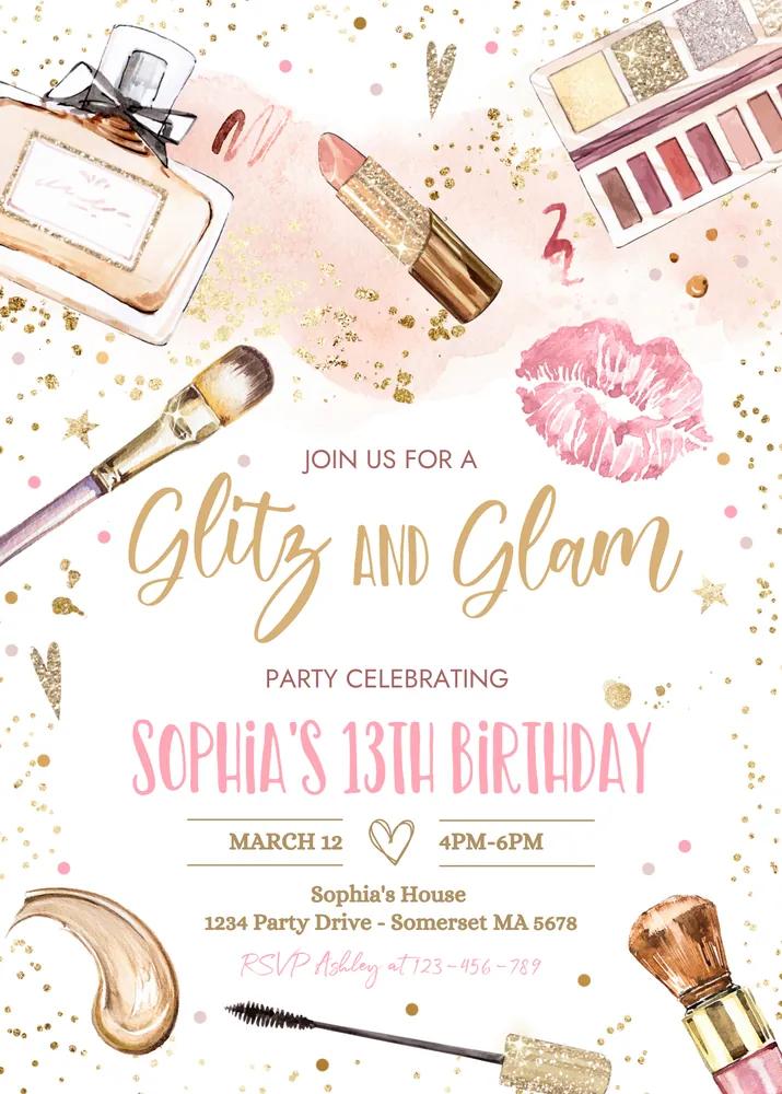 Glitz and Glam Spa Makeup Birthday Invitation Canva Template Blush Pink Gold