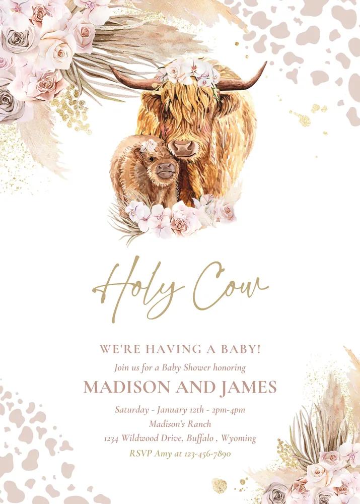 Boho Highland Cow Baby Shower Invitation Pink Pampas Grass Editable Canva Template