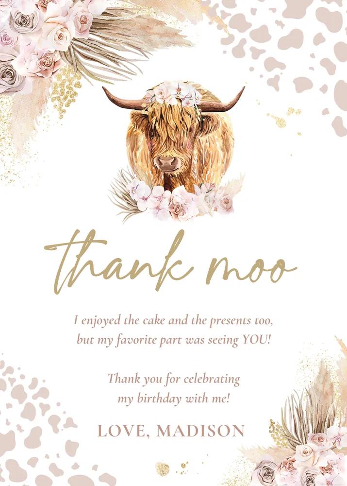 Highland Cow Birthday Thank You Card Boho Pampas Grass Editable Canva Template