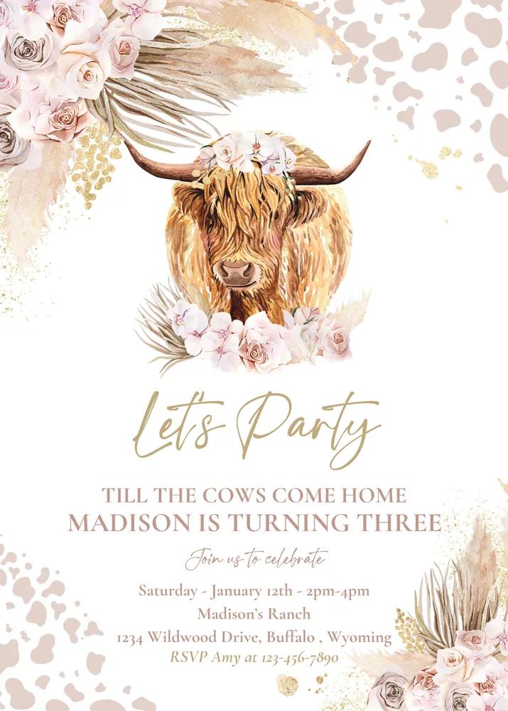 Boho Highland Cow Birthday Invitation | Editable Canva Template Lets Party