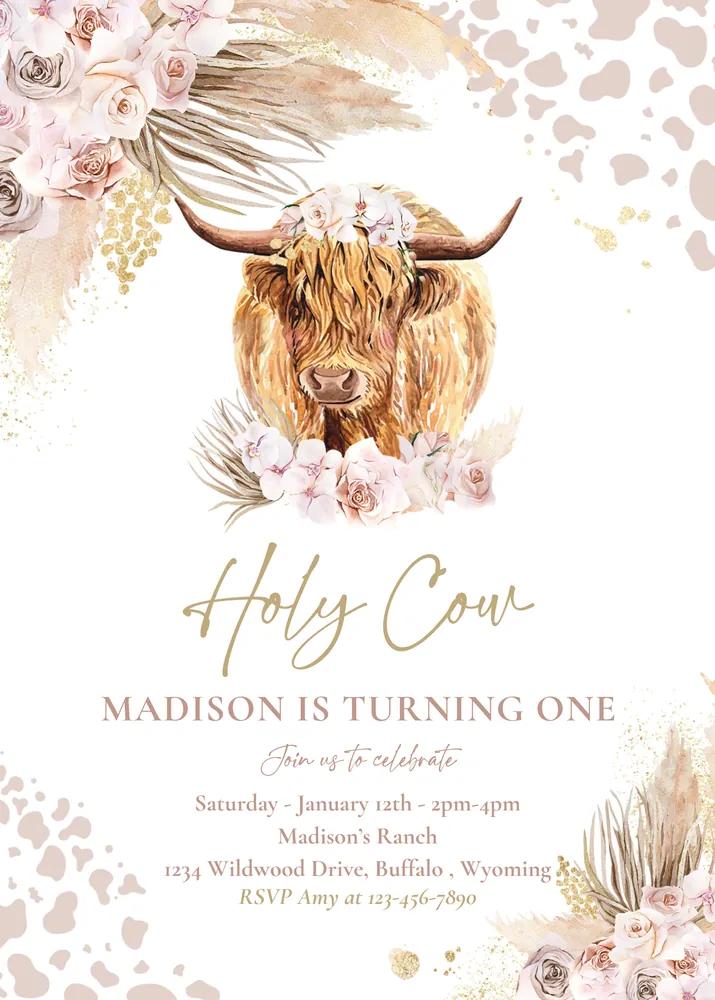 Boho Cow 1st Birthday Invitation | Pink Pampas Highland Cow Canva Template