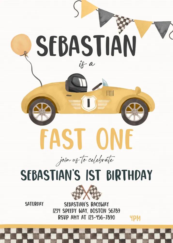 Fast One Race Car 1st Birthday Invitation Canva Template Vintage Yellow
