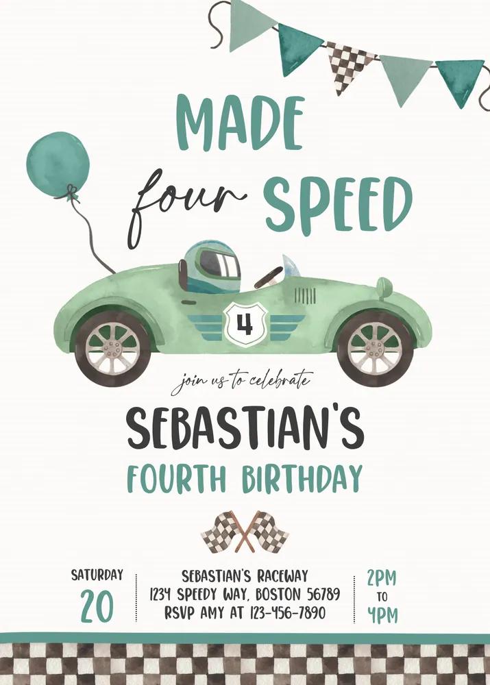 Vintage Green Race Car 4th Birthday Invitation | Made Four Speed Canva Template