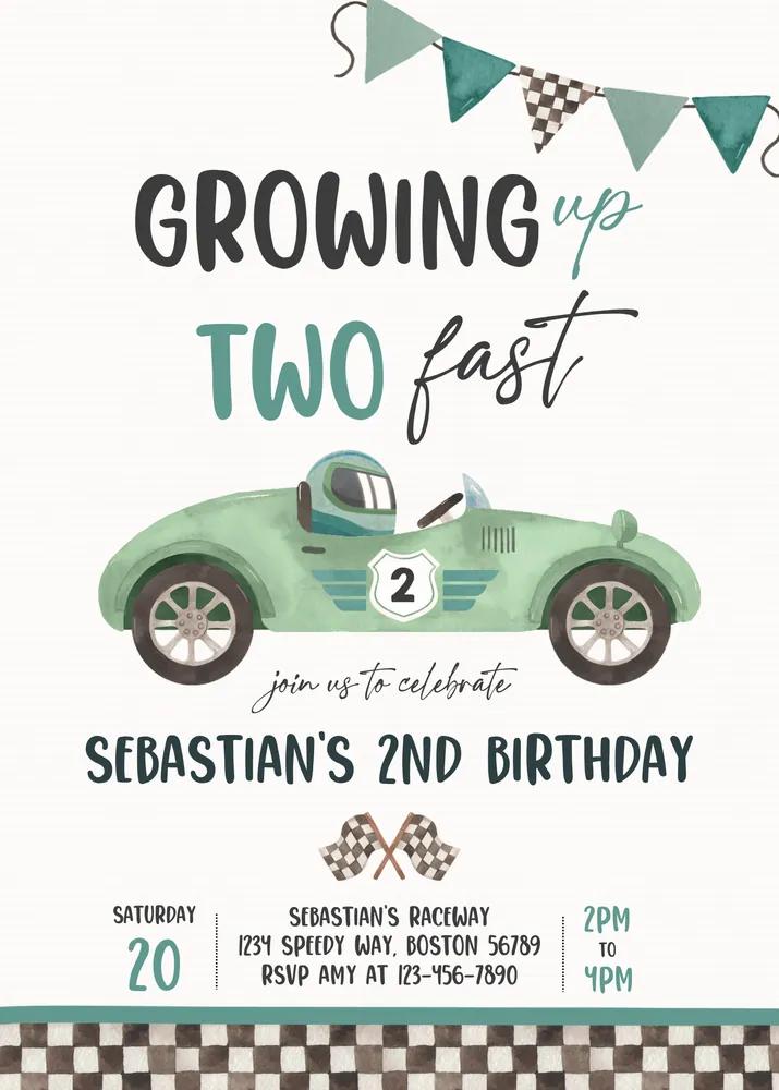 Two Fast Birthday Invitation | Race Car 2nd Birthday Boy Canva Template