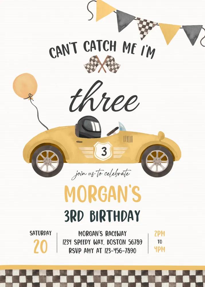 Race Car 3rd Birthday Invitation | Editable Canva Template | Can’t Catch Me I’m 3