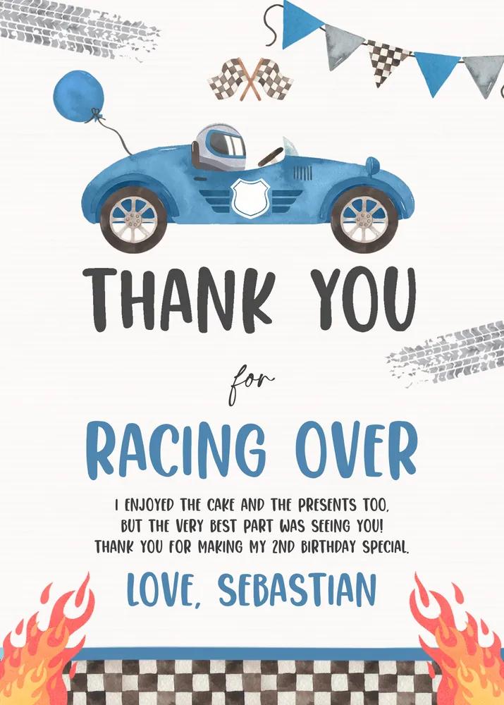 Two Fast Birthday Thank You Card Blue Race Car Editable Canva Template DB5