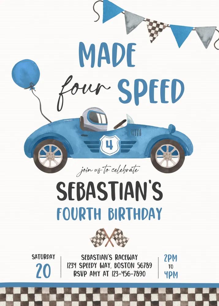 Made Four Speed 4th Birthday Invitation | Blue Vintage Race Car Canva Template