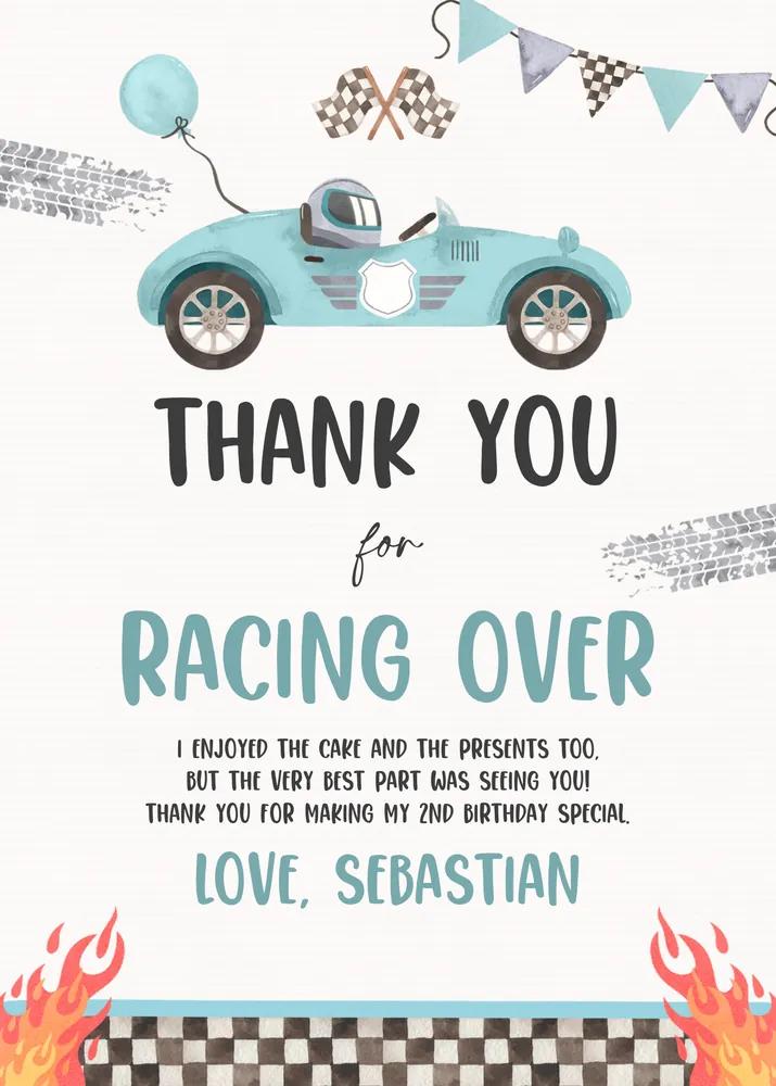 Two Fast Race Car Birthday Thank You Card - Editable Canva Template