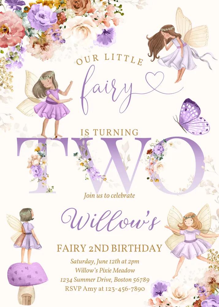 Fairy 2nd Birthday Invitation Canva Template, Whimsical Wildflower Floral Invite