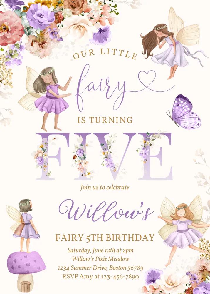 Whimsical Wildflower Fairy 5th Birthday Invitation Canva Template Instant Access