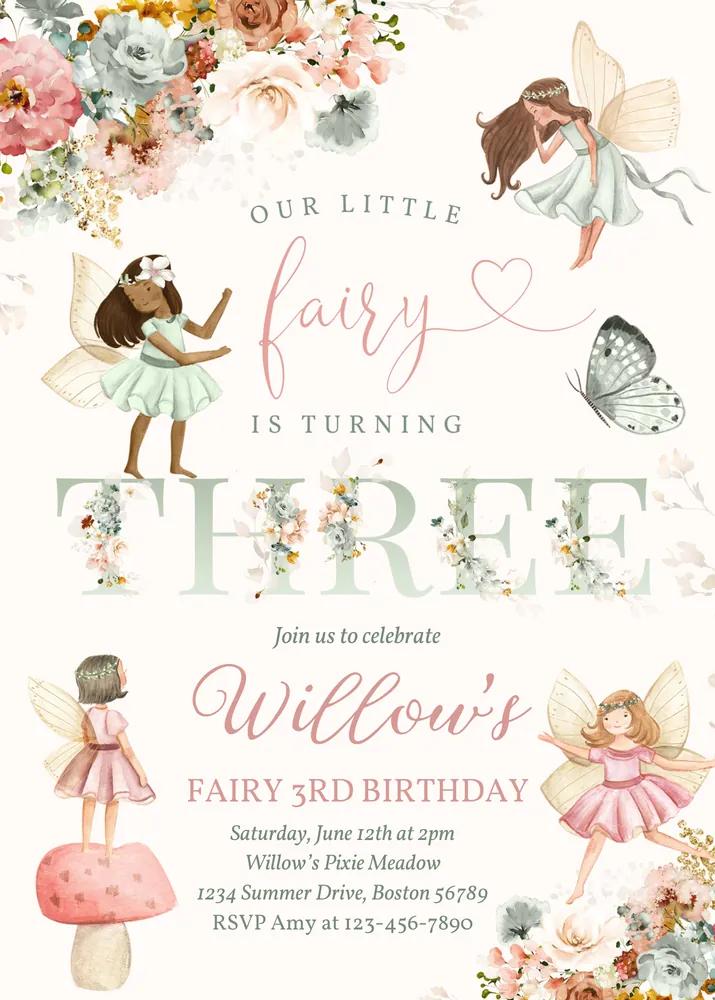 Fairy 3rd Birthday Invitation, Whimsical Wildflower Floral Canva Template