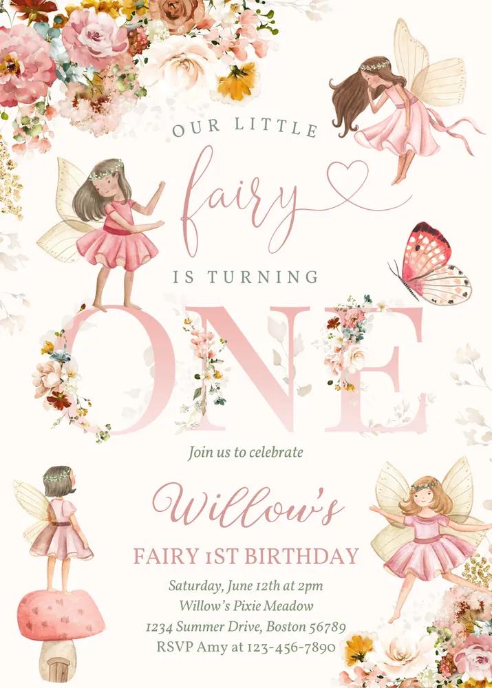 Fairy Birthday Invitation Whimsical Wildflower Canva Template 1st Birthday