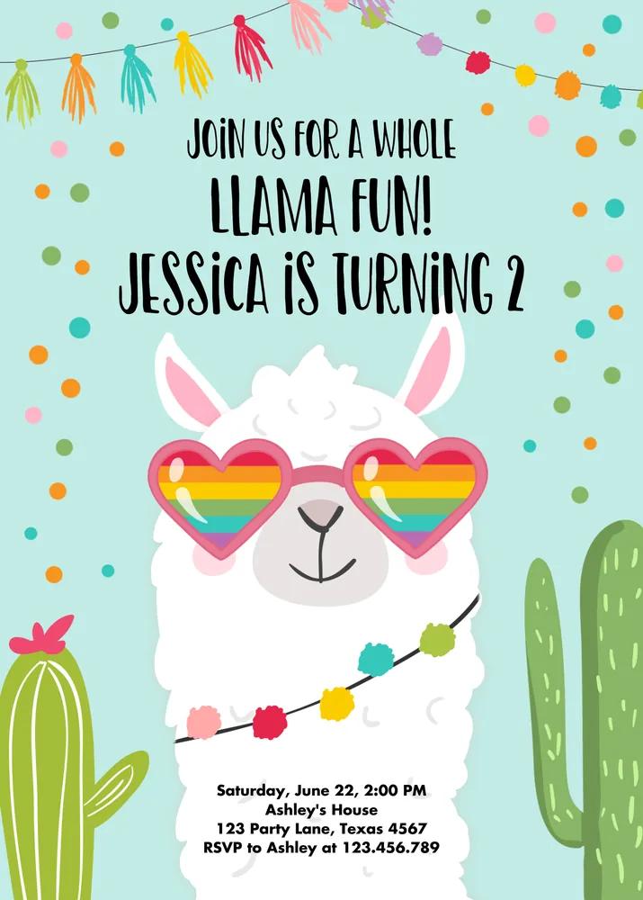 Llama Birthday Invitation Template - Editable Canva Girl Fiesta Invite