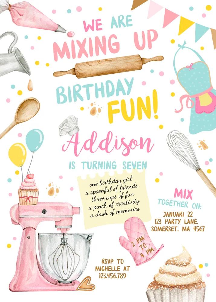 Baking Birthday Party Invitation Canva Template Kids Cooking Chef Pink Printable