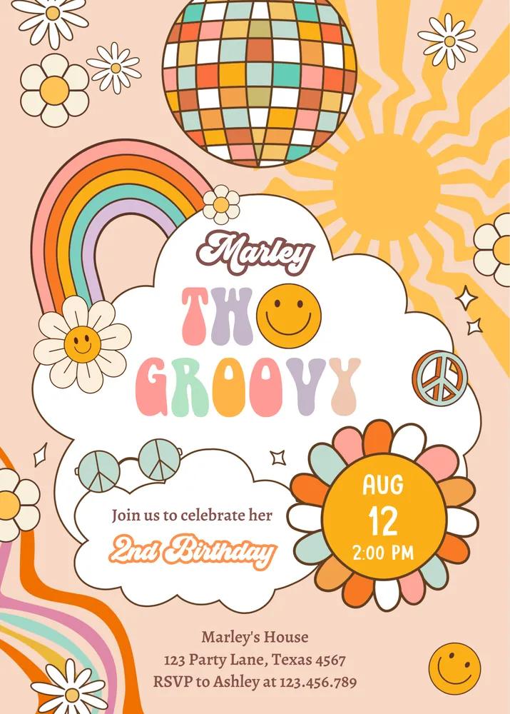 Two Groovy 2nd Birthday Invitation | Boho Retro Daisy Canva Template