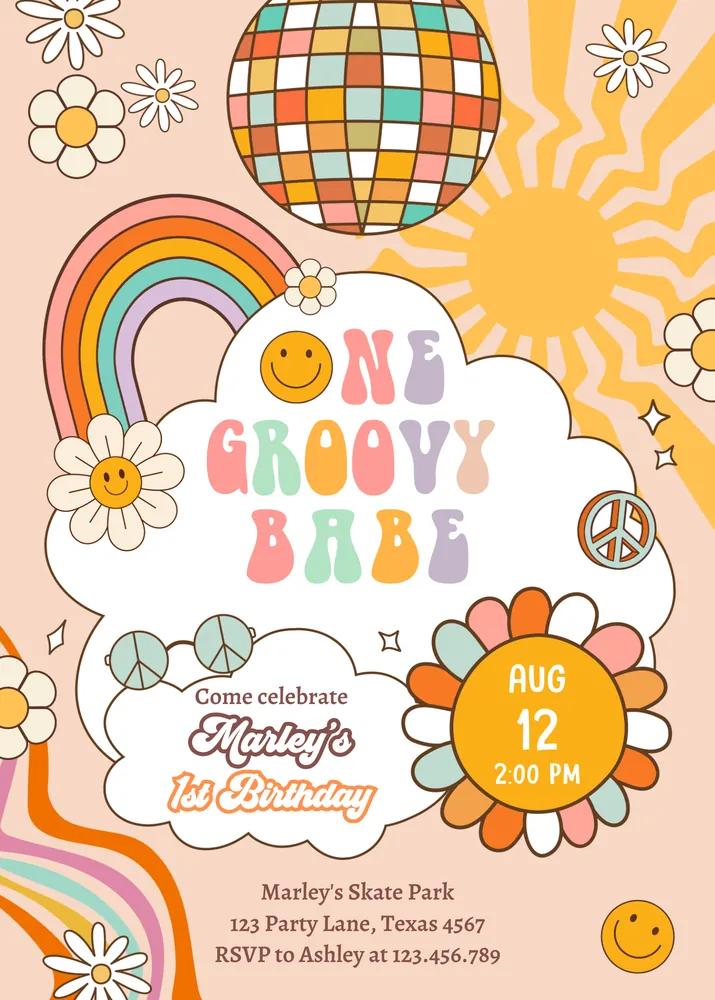 Groovy One Retro 1st Birthday Invitation | Editable Canva Template