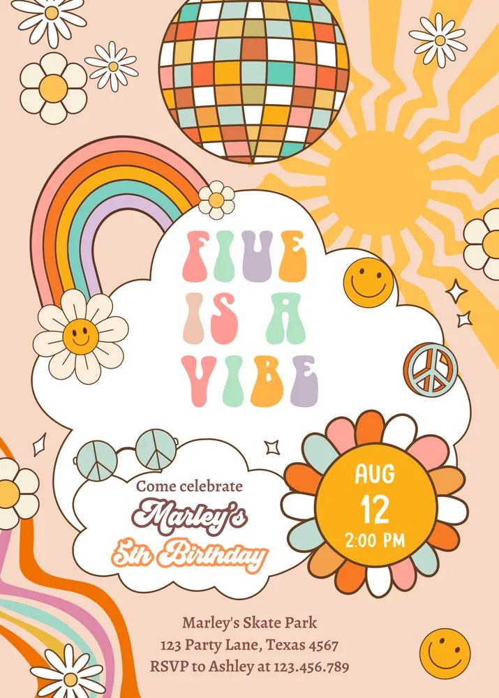 Five Is A Vibe 5th Birthday Invitation | Editable Groovy Retro Canva Template
