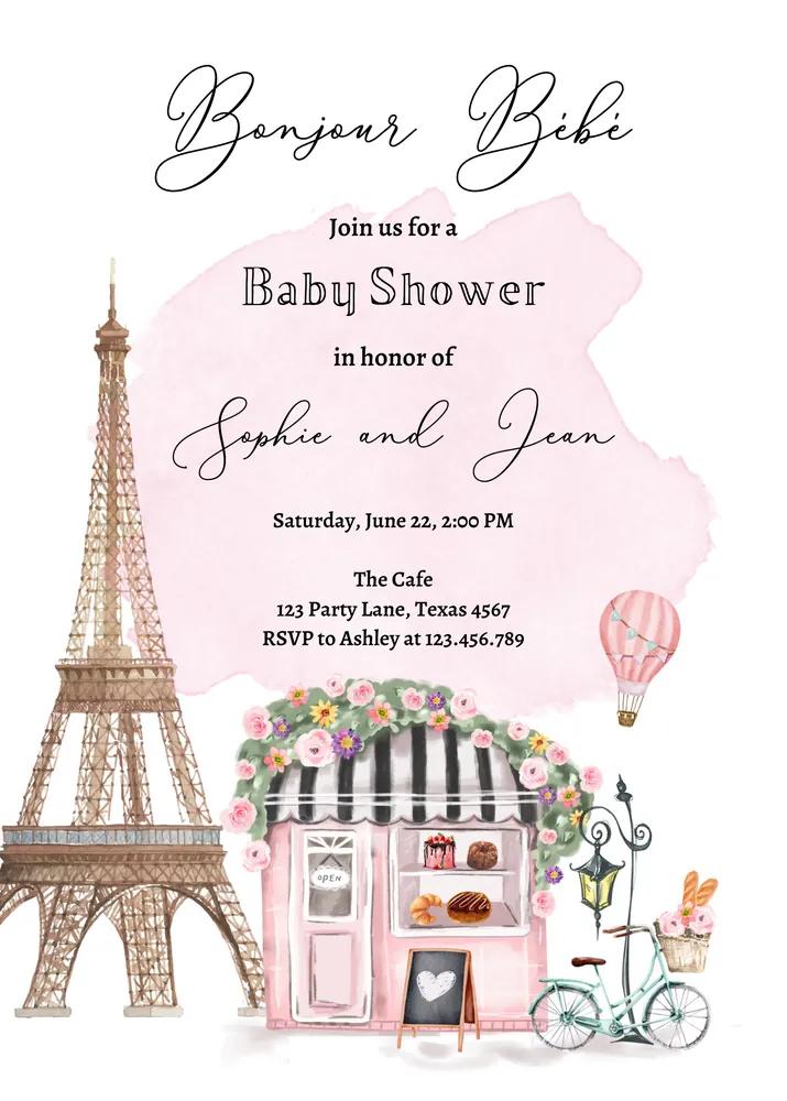 Paris Baby Shower Invitation | Bonjour Bebe French Patisserie Canva Template