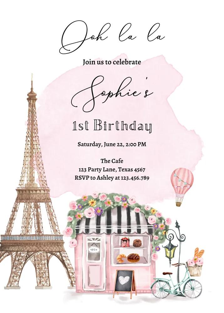 Paris Birthday Invitation | French Patisserie Cafe Floral Tea Party Canva