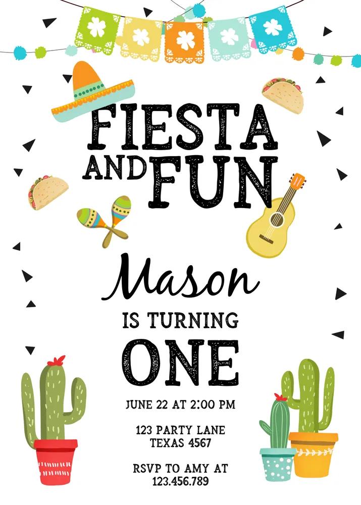 First Fiesta Birthday Invitation Boy | Blue Cactus Sombrero Canva Template