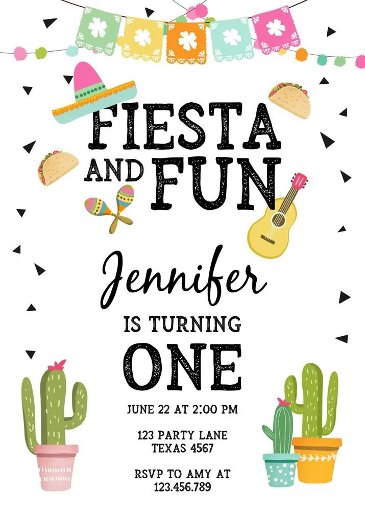 First Fiesta Birthday Invitation | Editable Canva Template Girl Cactus Sombrero