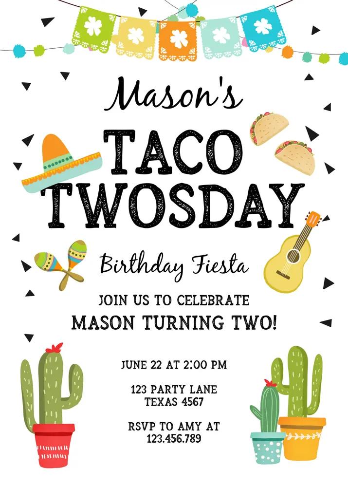 Taco Twosday Birthday Invitation - Editable Canva Template Mexican Fiesta 2nd Boy
