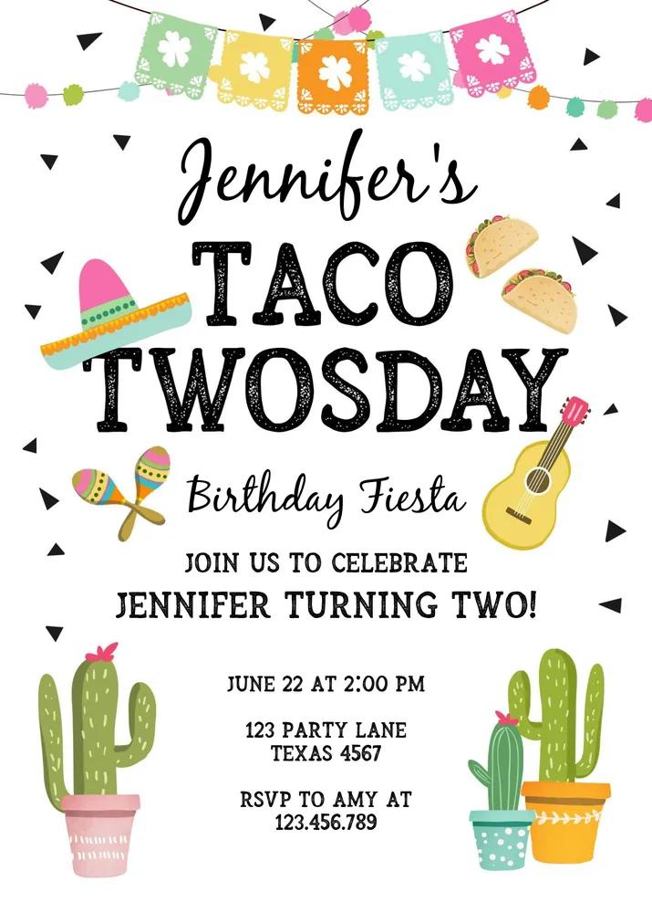 Taco Twosday Birthday Invitation | Girl Mexican Fiesta 2nd Birthday Canva Template