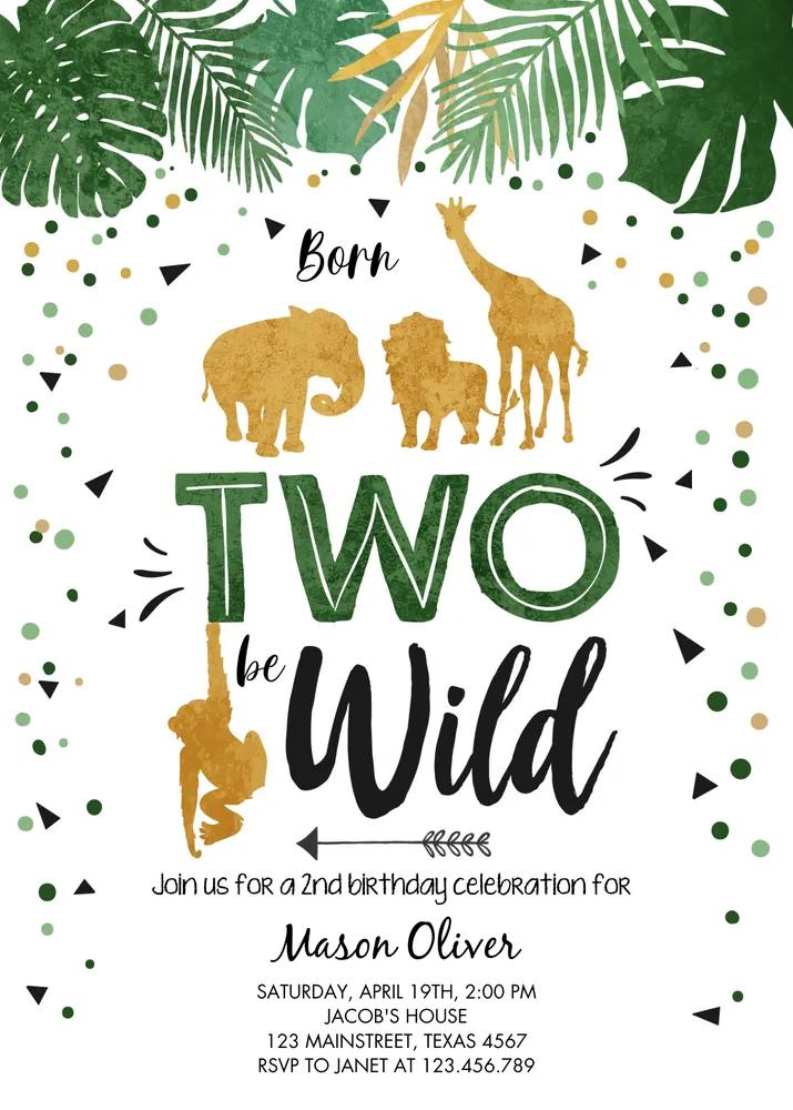 Born Two Be Wild 2nd Birthday Invitation | Jungle Safari Boy Canva Template