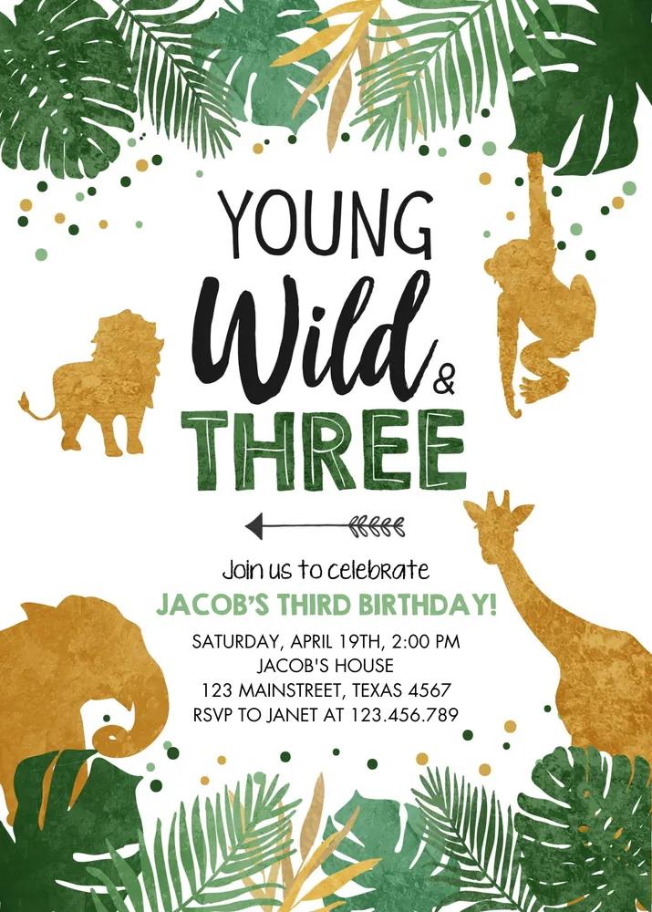Young Wild and Three Birthday Invitation | Safari Jungle Boy Canva Template