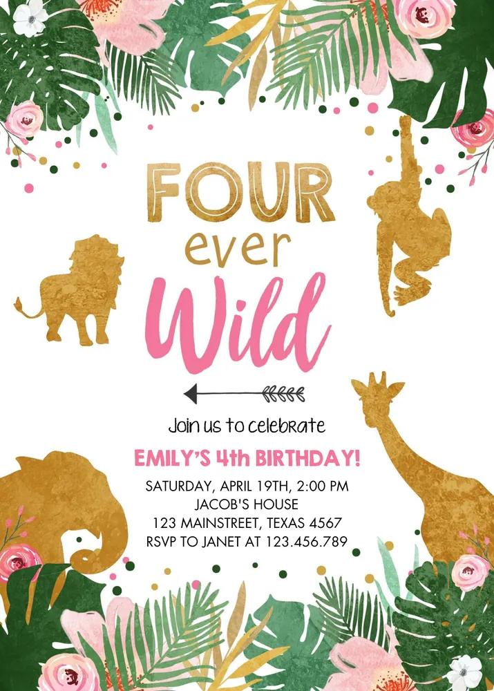 Fourever Wild 4th Birthday Invitation, Safari Girl Pink Gold Canva Template