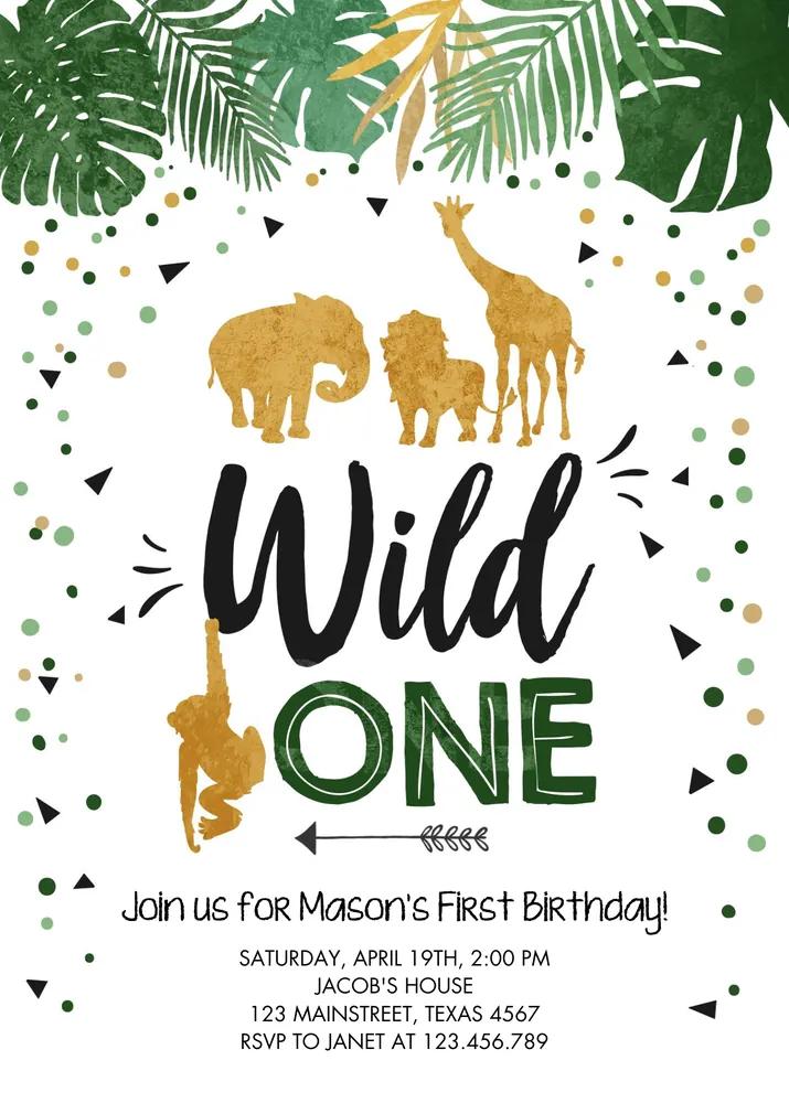 Wild One Birthday Invitation | Safari Animal Black Gold Canva Template