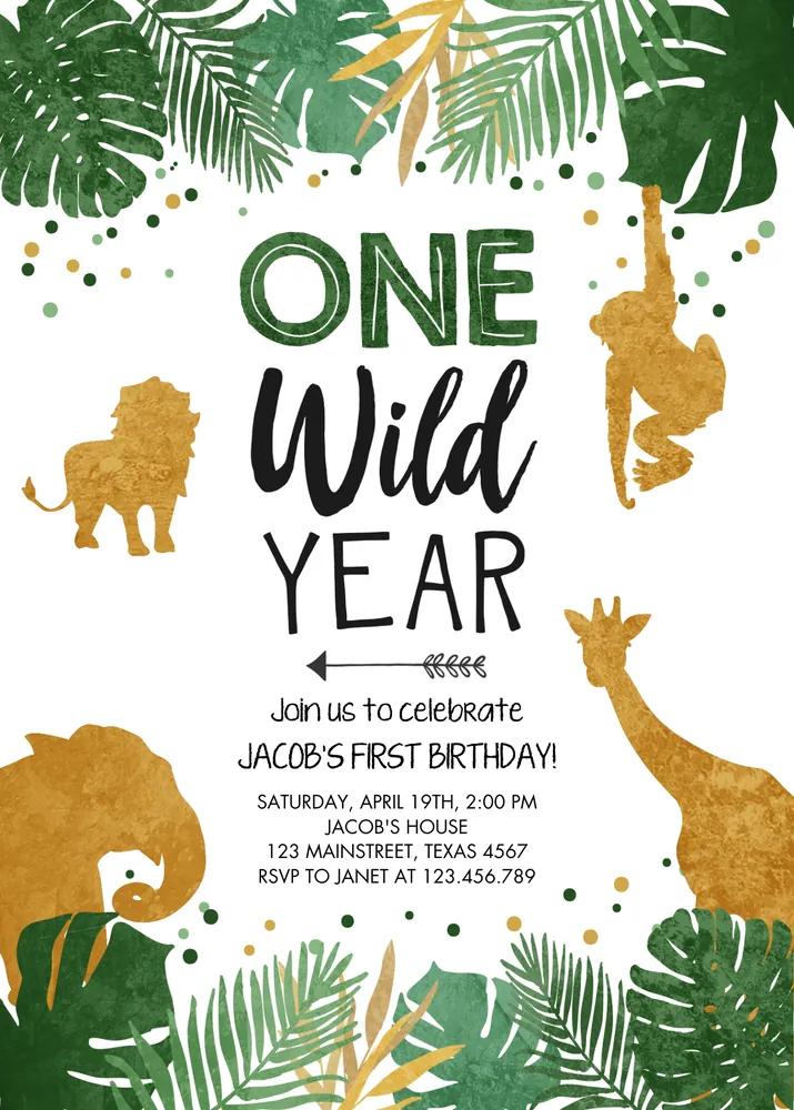 Wild One Safari Birthday Invitation | Gold Jungle Animals 1st Birthday Template
