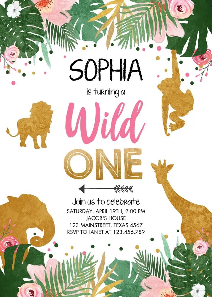 Wild One Girl Birthday Invitation | Safari Jungle Animal Canva Template