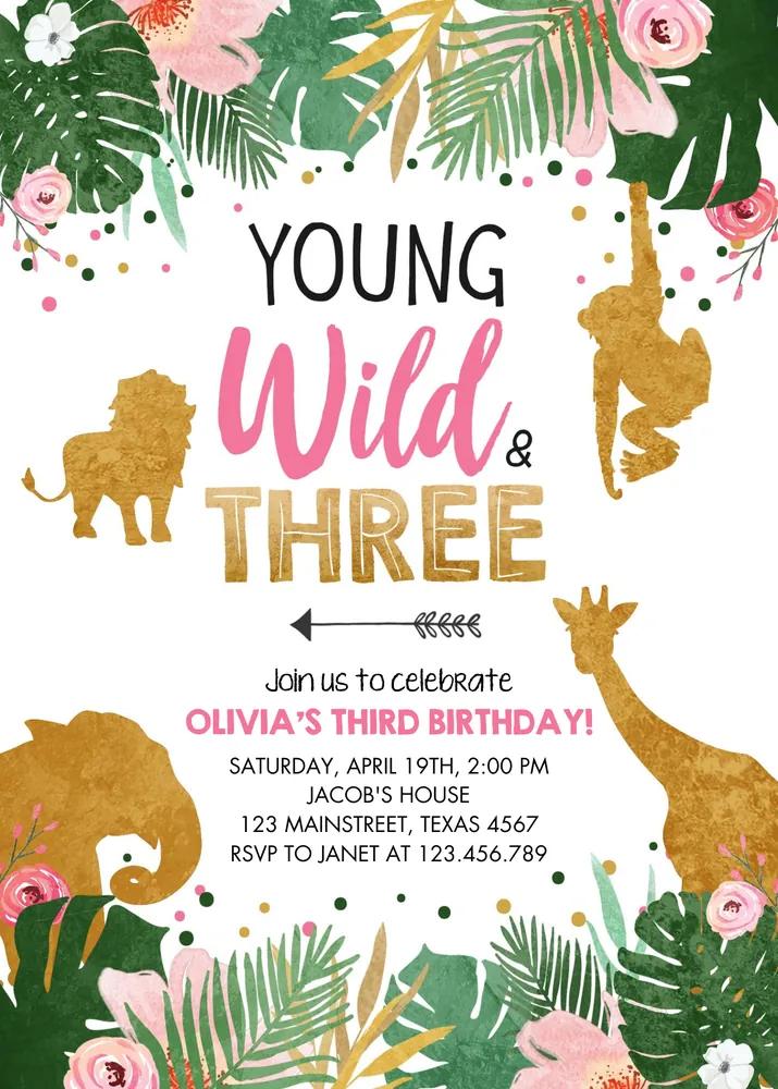 Young Wild and Three Birthday Invitation | Jungle Safari Pink Gold Canva Template