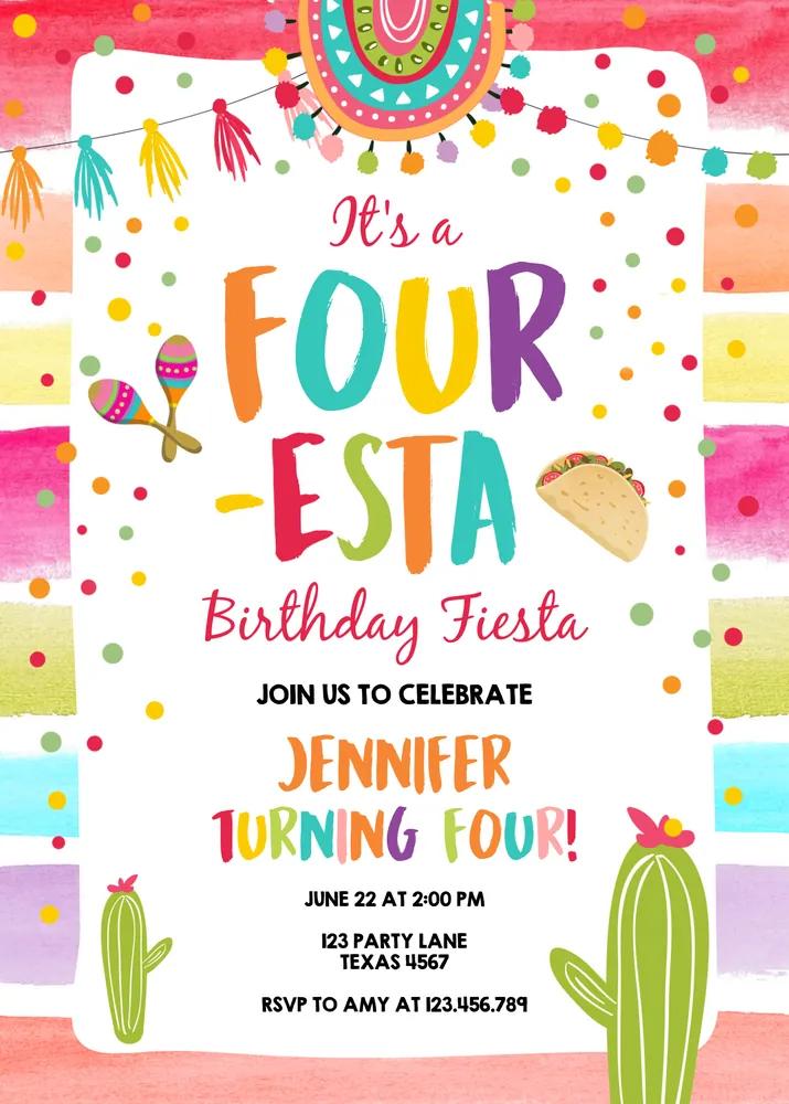 Four-Esta Fiesta 4th Birthday Invitation | Editable Canva Template